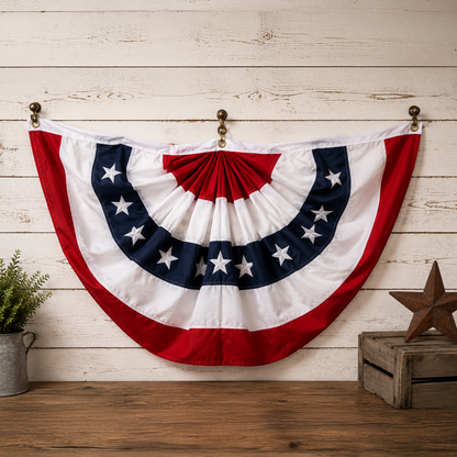 American flag bunting hanging on a wooden wall with decorative elements.