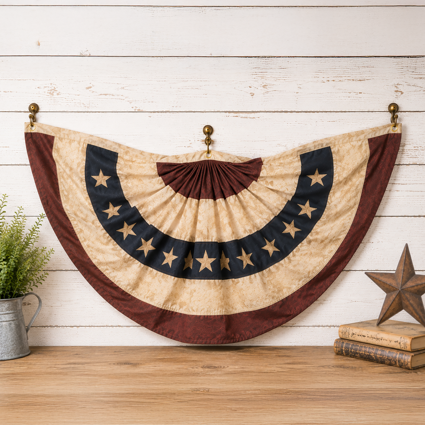 Tea stained embroidered Americana bunting with vintage red white and blue patriotic farmhouse porch decor styling