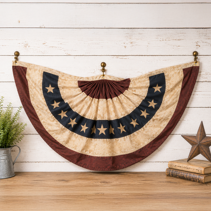 Tea stained embroidered Americana bunting with vintage red white and blue patriotic farmhouse porch decor styling