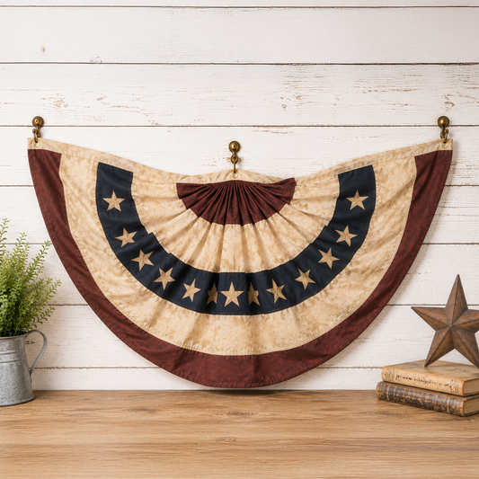 Tea stained embroidered Americana bunting with vintage red white and blue patriotic farmhouse porch decor styling