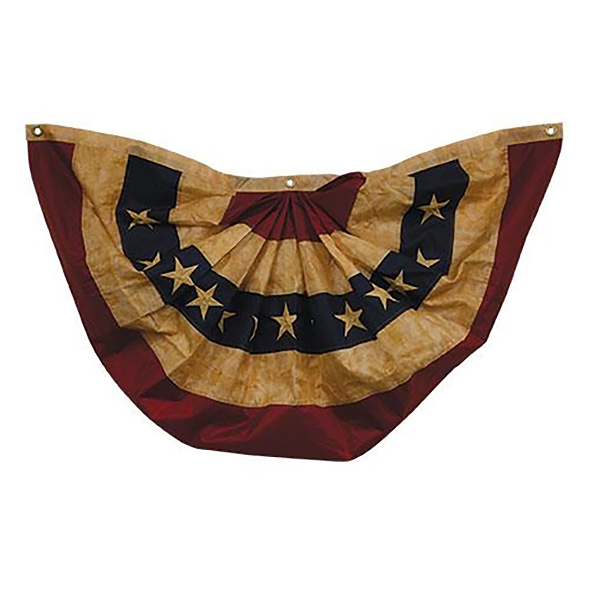 Rustic patriotic nylon bunting with embroidered cream stars and teastained Americana finish for porch display