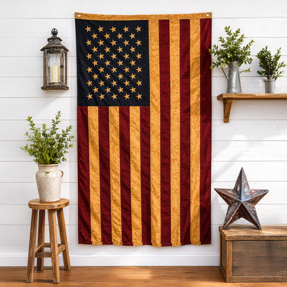 Tea stained American flag with embroidered stars and grommets for vintage Americana decor, patriotic porch displays, primitive patriotic decorating, and rustic American style