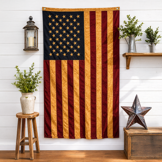 Tea stained American flag with embroidered stars and grommets for vintage Americana decor, patriotic porch displays, primitive patriotic decorating, and rustic American style