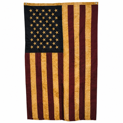 Teastained embroidered American flag for patriotic outdoor decor, antique Americana displays, Memorial Day decorating, and traditional American country styling