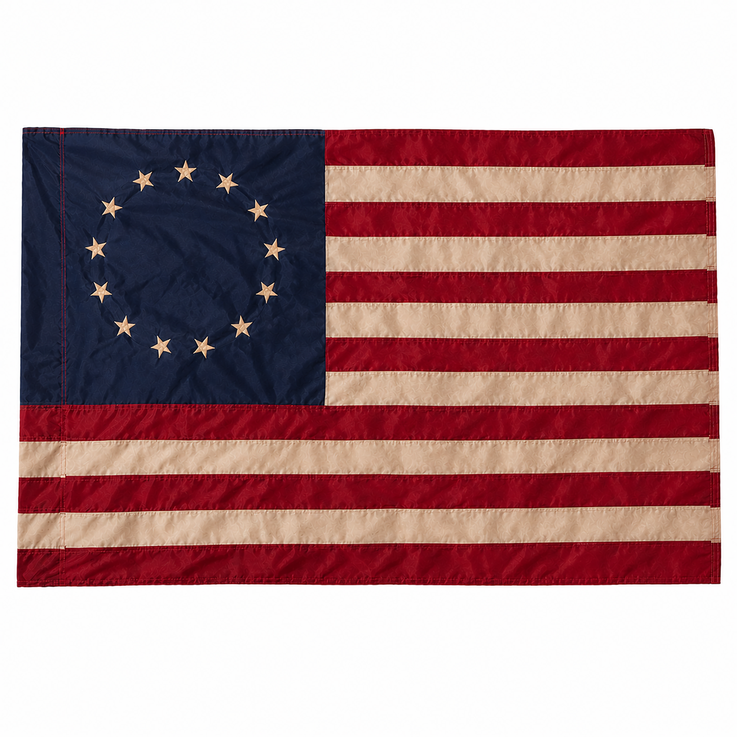 Tea-Stained Betsy Ross American Flag with 13-Star Circle Design on White Background, 60 x 36 Primitive Americana Wall Decor