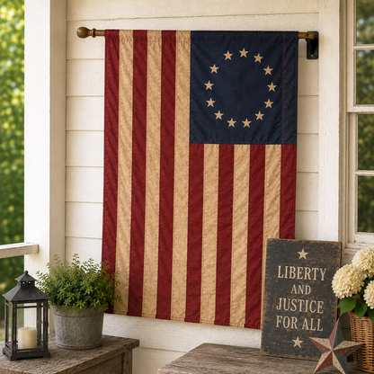 Primitive Tea-Stained Betsy Ross Flag Displayed on Farmhouse Porch with Rustic Americana Decor and Vintage Patriotic Accents