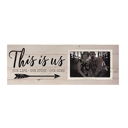 Rustic gray wood photo frame sign with 4x6 photo slot and “This is us” quote, includes peg for tabletop display