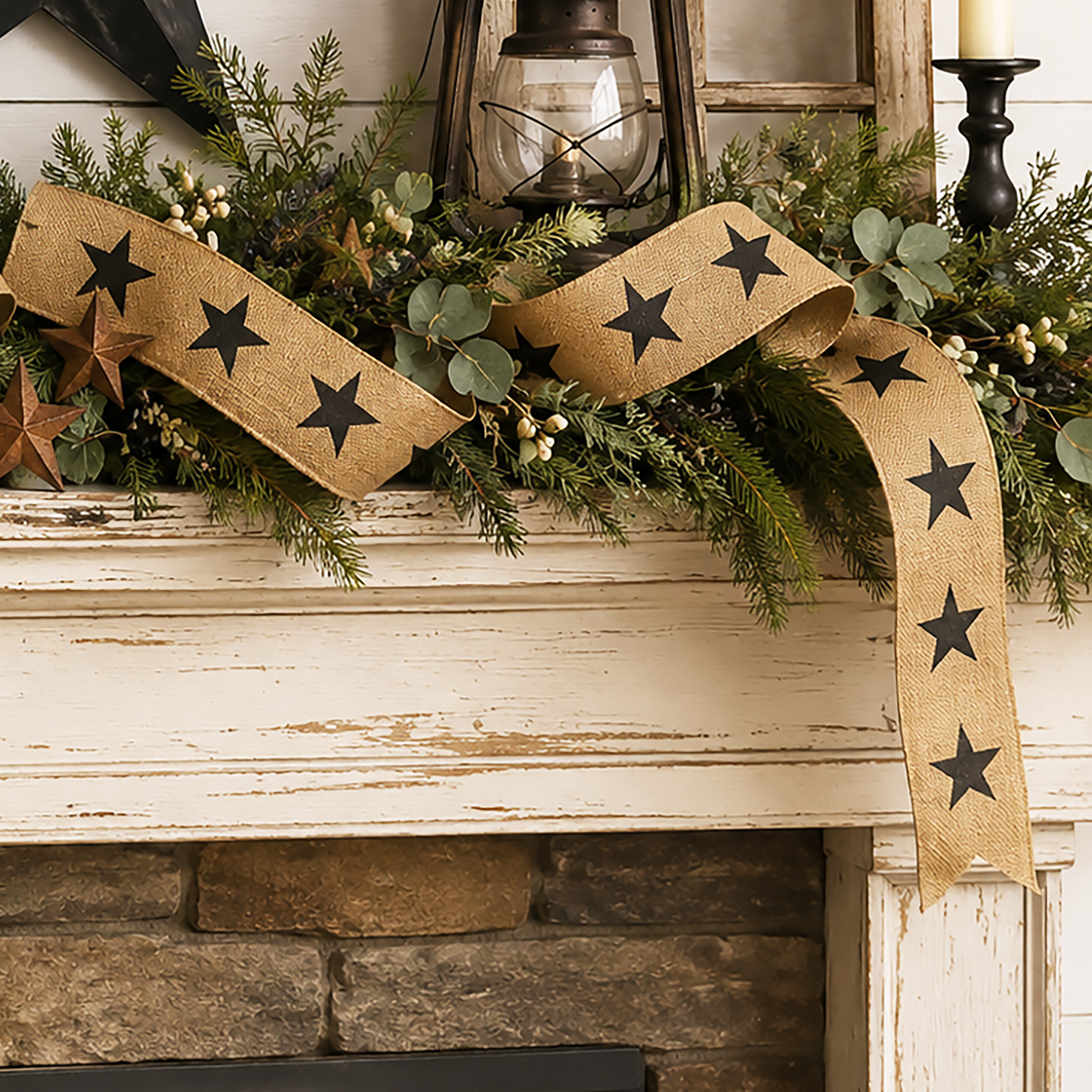 Black Star Burlap Ribbon - 6 Foot Roll