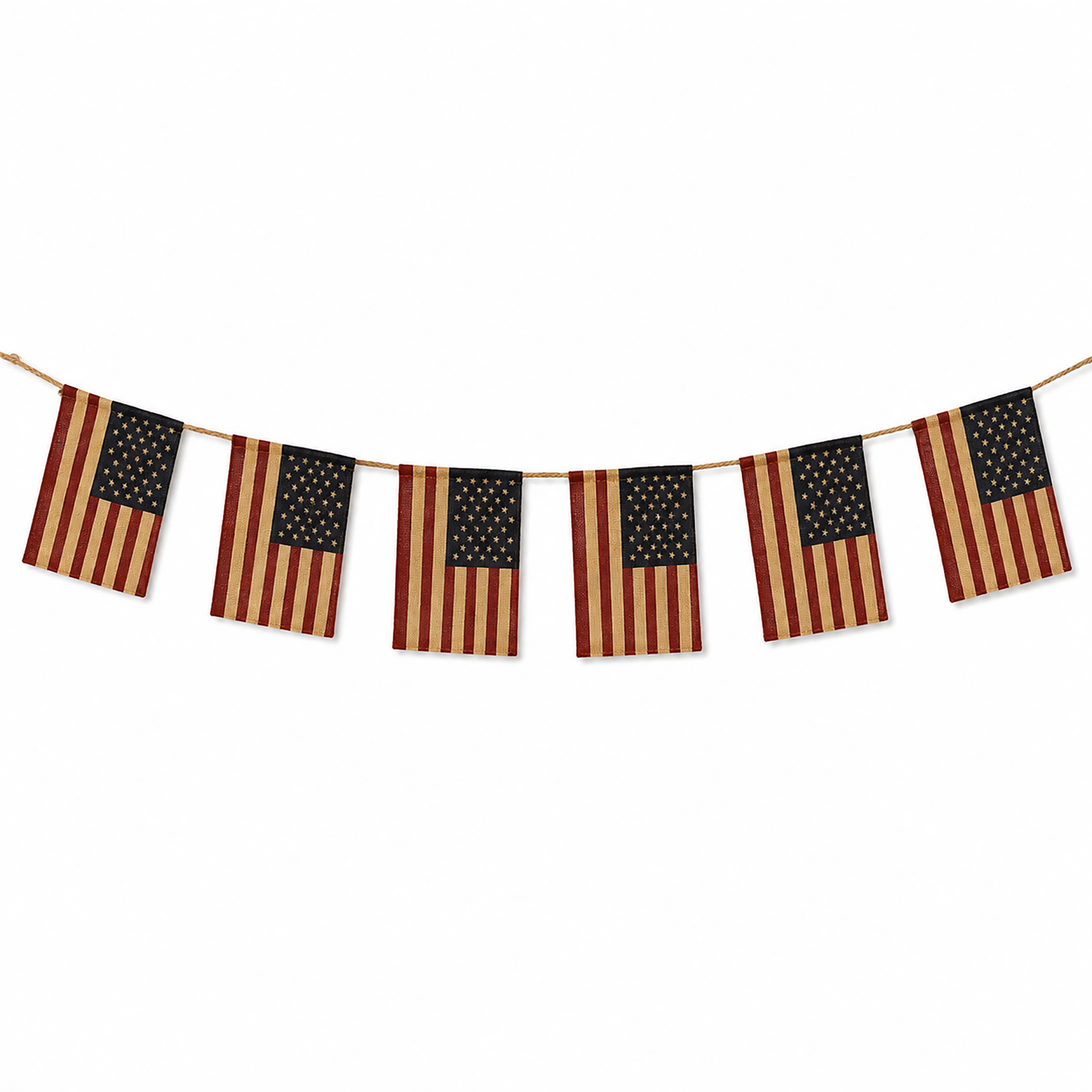 Primitive Americana flag garland featuring seven burlap American flags in muted red, navy, and beige tones displayed on a rustic mantel against a white brick wall with farmhouse accents.