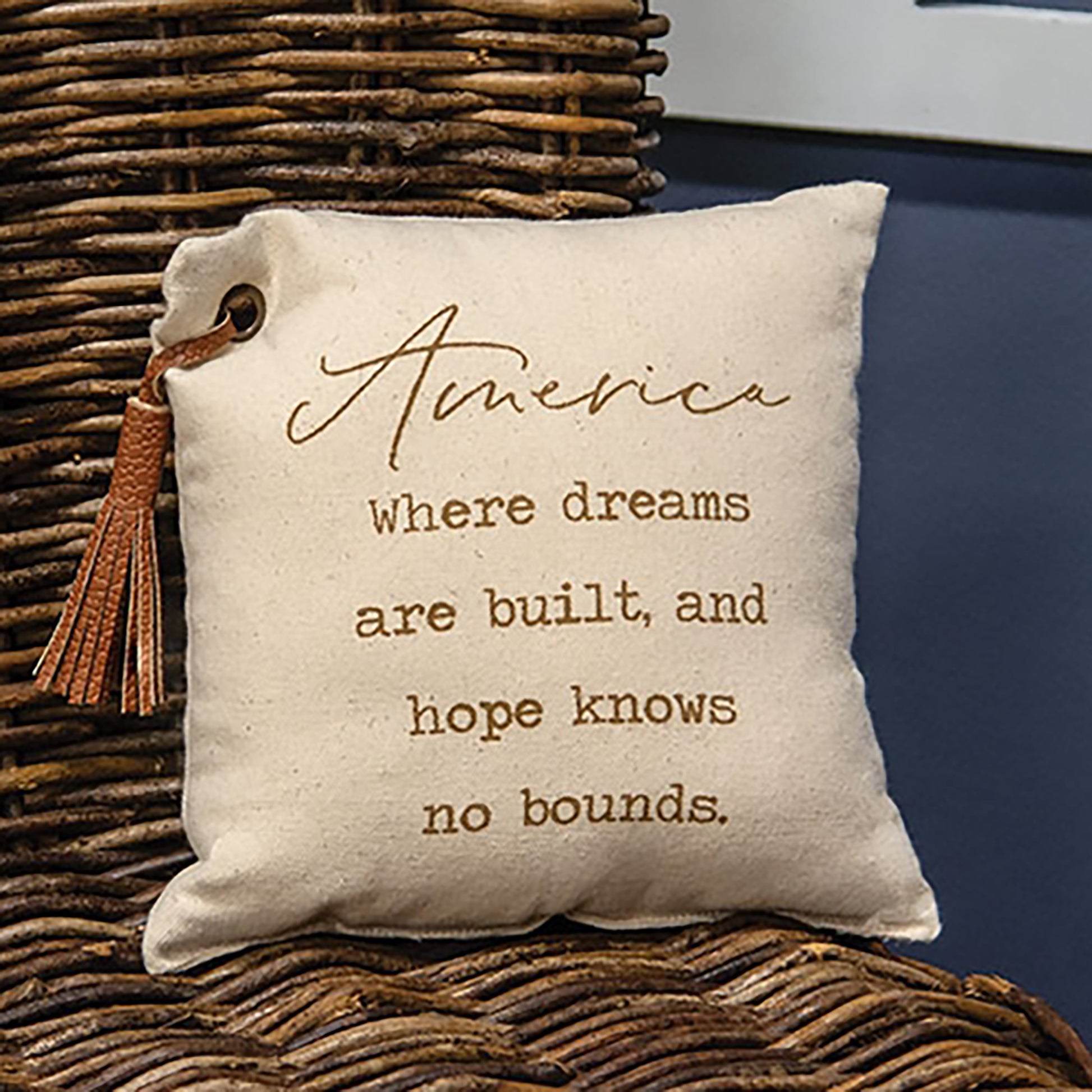 Cream America sentiment pillow with rustic patriotic farmhouse styling and inspirational Americana quote