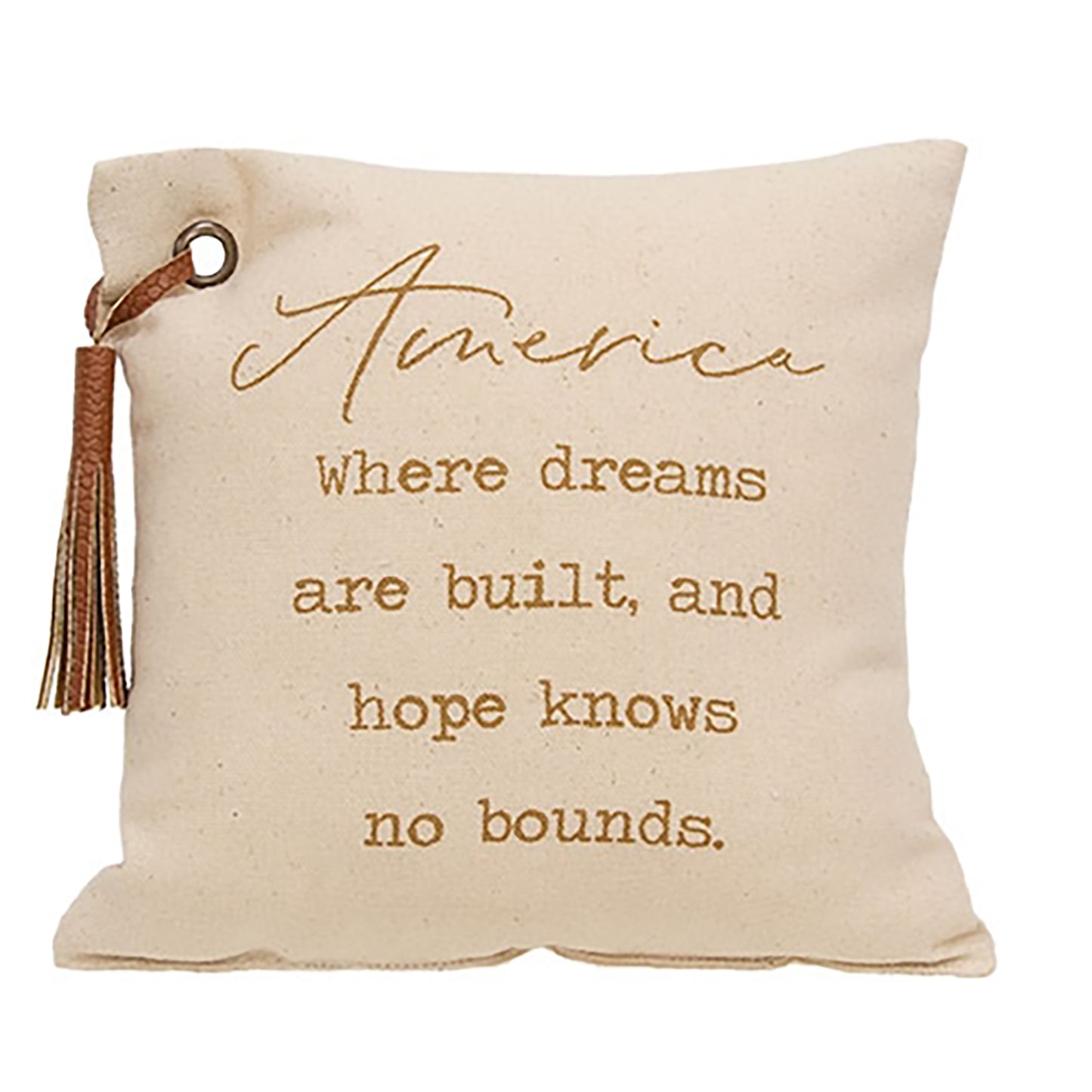 Small Americana canvas pillow with brown lettering metal grommet fringe accent and country farmhouse decor styling