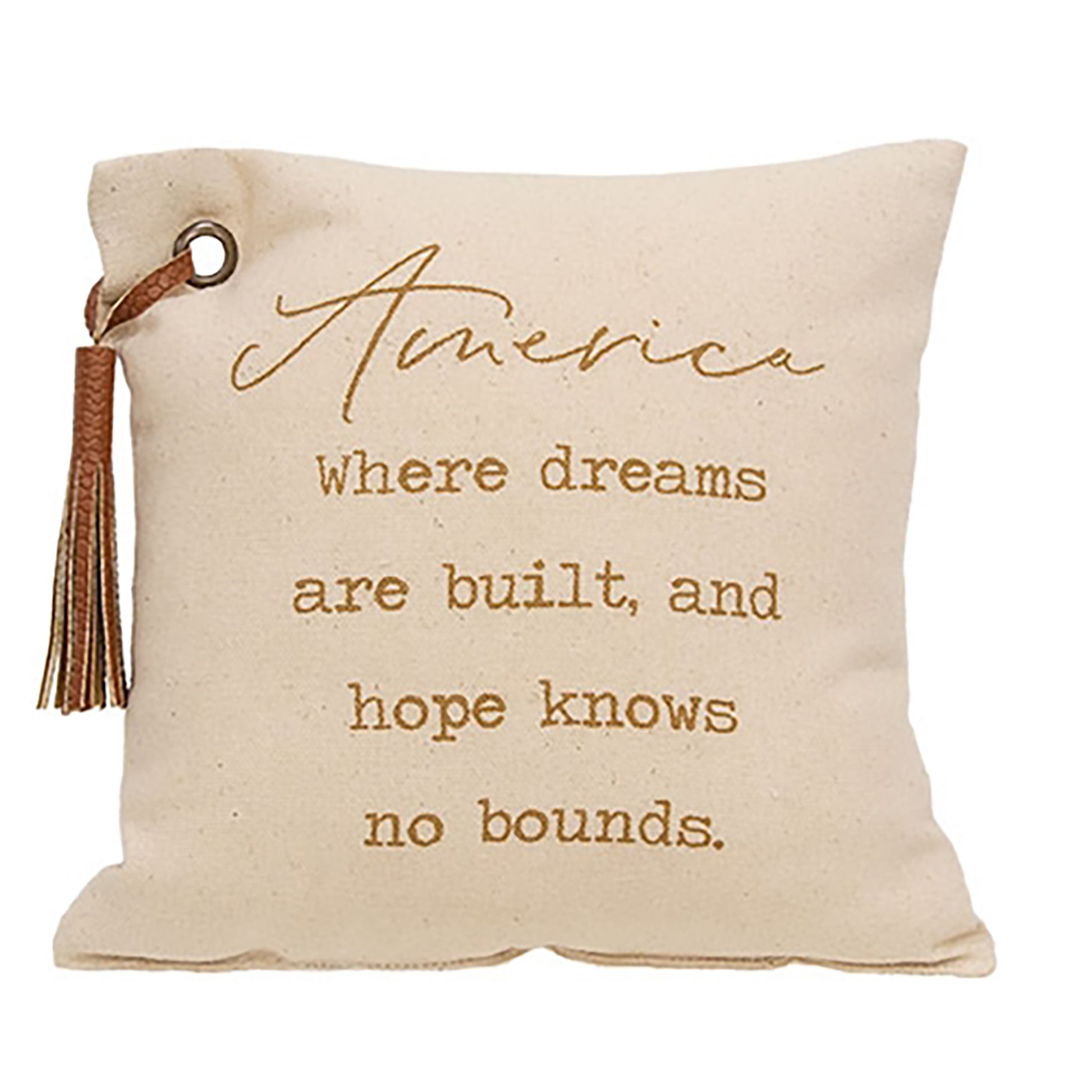 Small Americana canvas pillow with brown lettering metal grommet fringe accent and country farmhouse decor styling
