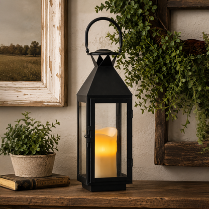 Black iron and glass lantern for farmhouse centerpiece displays, rustic candle decor, entryway styling, mantel decorating, and cozy home accents