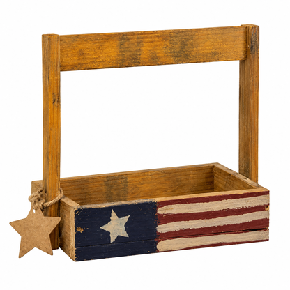 Distressed wooden flag tote with natural finish and jute star accent styled for Americana home decorating