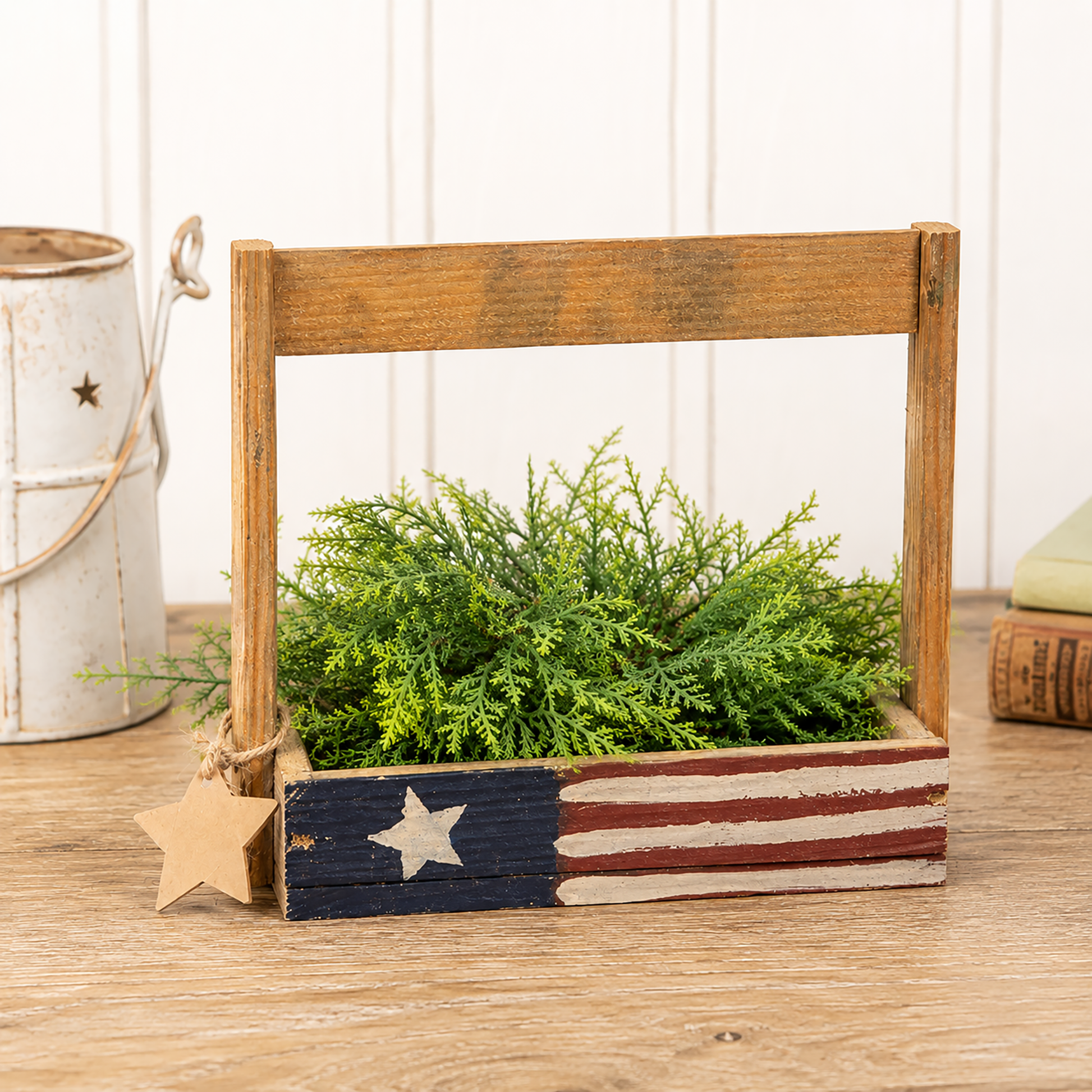 Rustic Americana wood tote with painted American flag design and primitive star tag for farmhouse patriotic decor