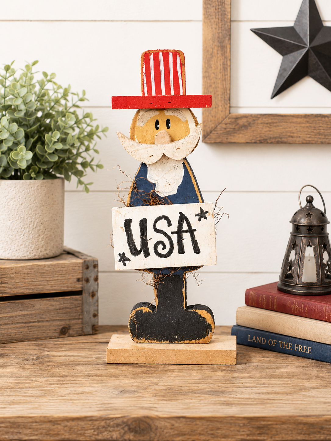 Rustic wooden Uncle Sam figure with USA sign for patriotic shelf decor, Americana displays, farmhouse decorating, primitive patriotic styling, and country home accents