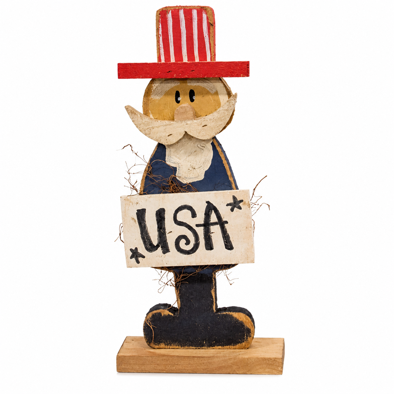 Primitive Uncle Sam wood figure with distressed Americana finish for patriotic tabletop displays, Fourth of July decorating, rustic home decor, and traditional Americana styling