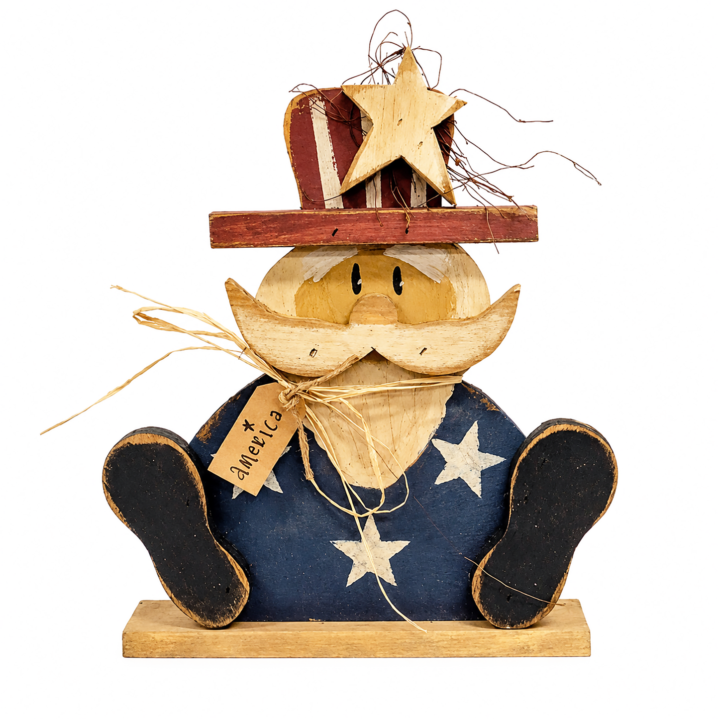 Freestanding patriotic Uncle Sam wood figure with America tag and rustic country decor accents