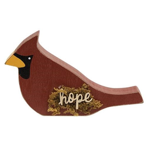 Freestanding red cardinal shelf accent with “Hope” message and rustic styling