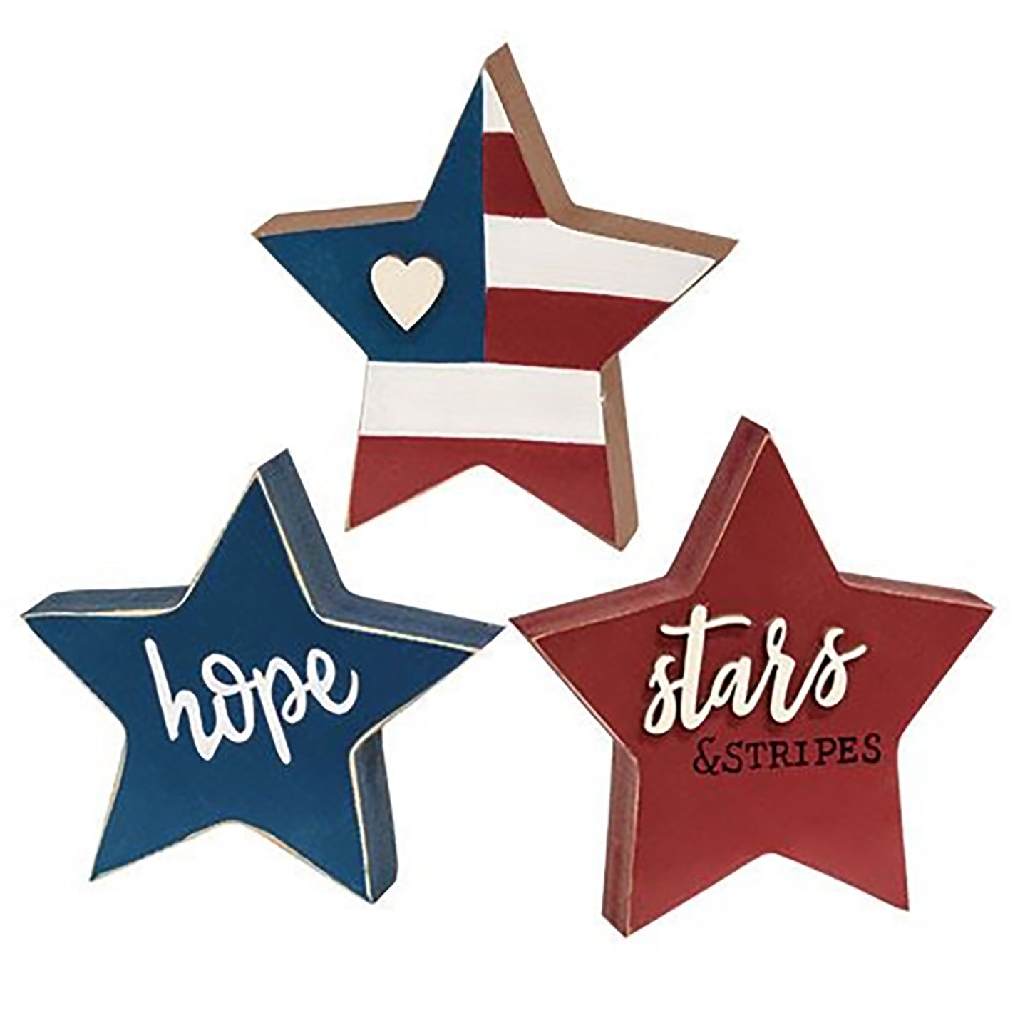 Stars and stripes chunky wooden star sitters in red white and blue patriotic farmhouse decor display