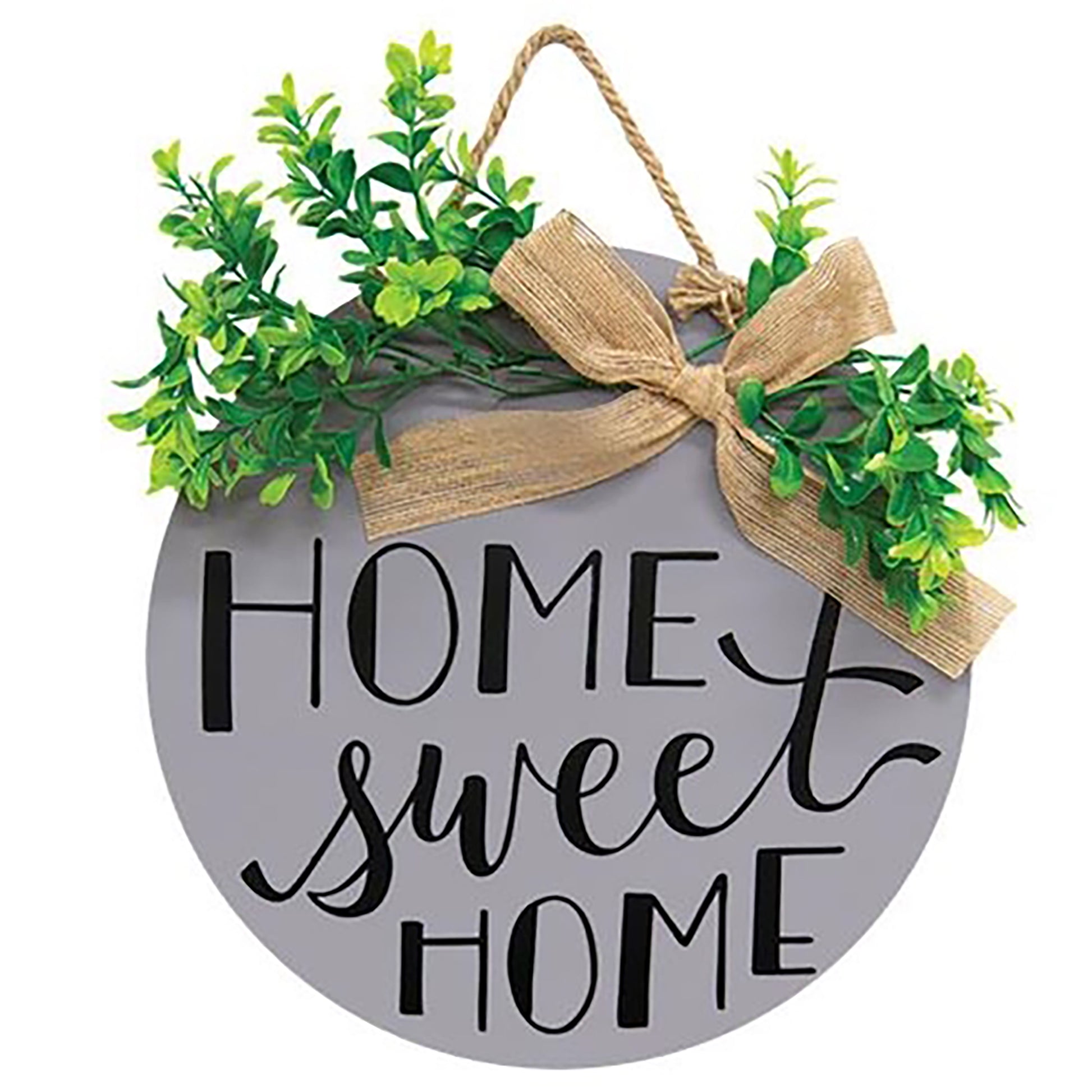 Rustic wall décor with jute hanger, greenery, and farmhouse-style “home sweet home” message