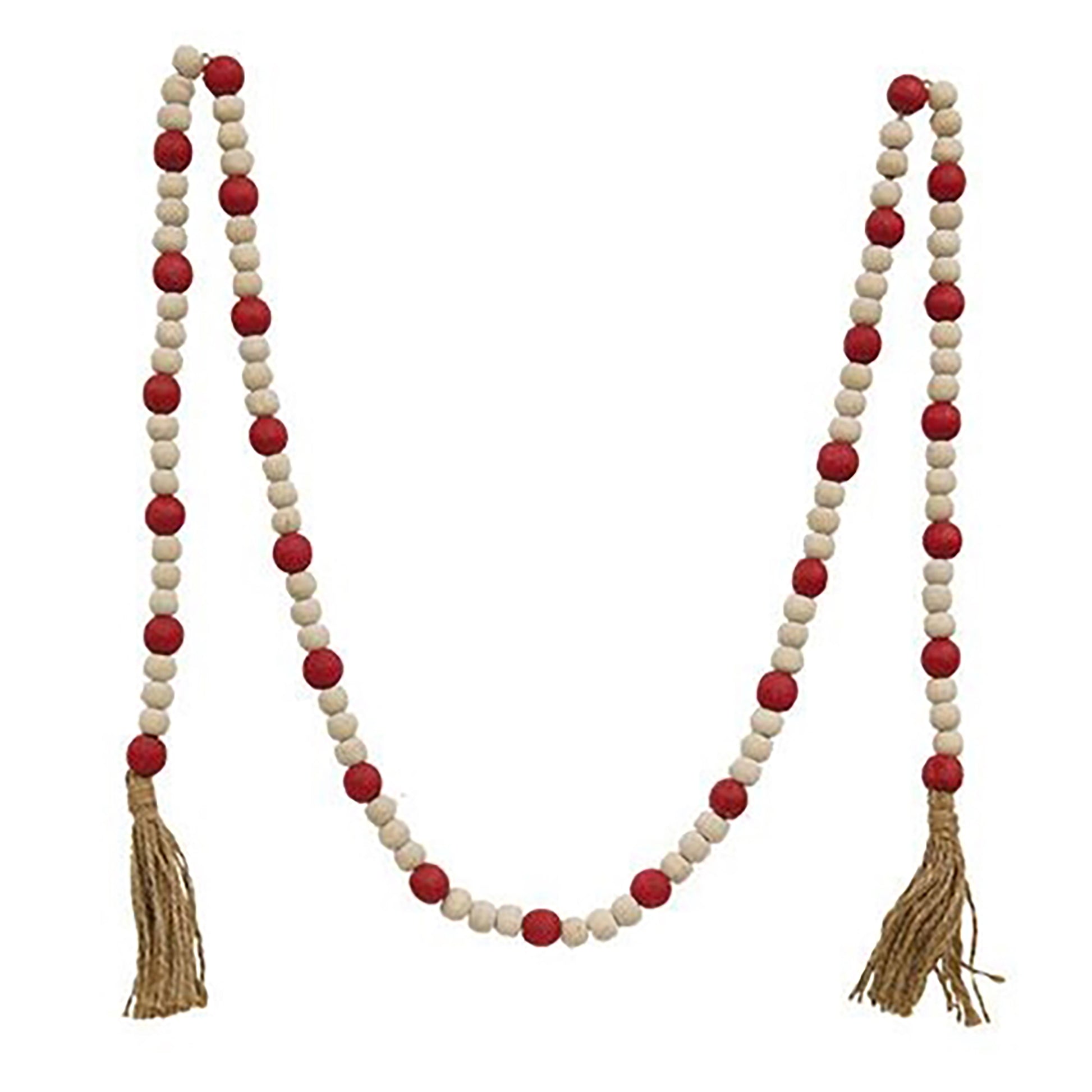 Close-up of jute tassel and alternating red and natural wooden beads on decorative garland