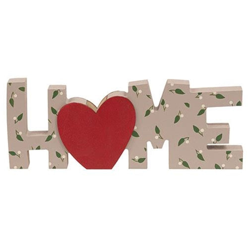 “Home” decorative block with miniature heart vase and rustic floral print