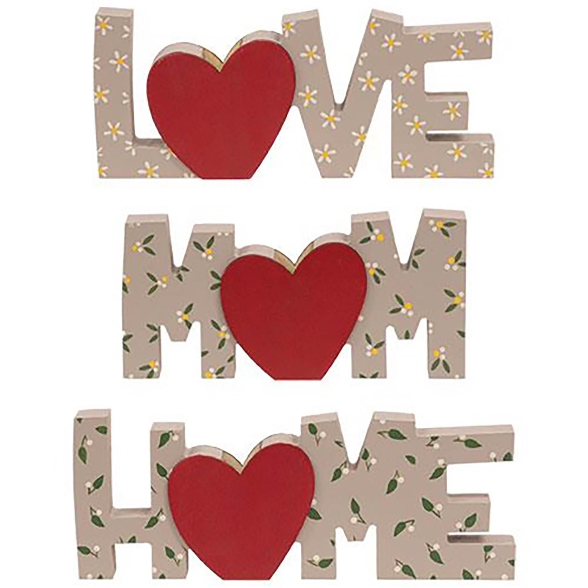Painted wood Home Love Mom blocks with floral patterns and mini heart vase detail farmhouse styling