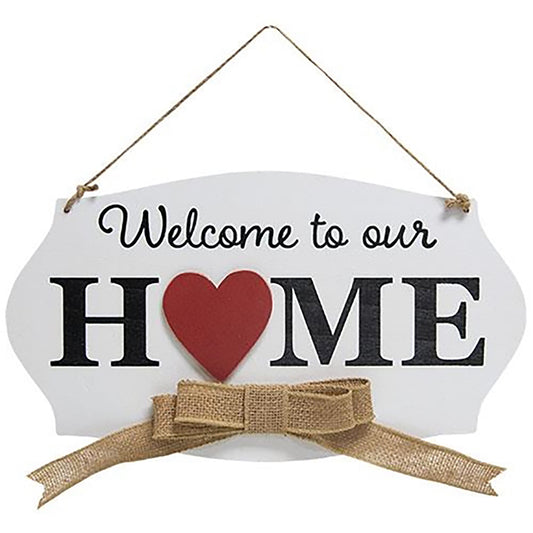 Wooden welcome sign with interchangeable seasonal magnets and burlap bow