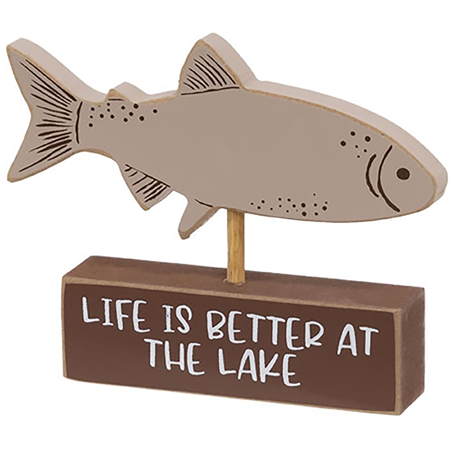 Rustic painted fish on base with white lettering and distressed wood finish for lakeside décor