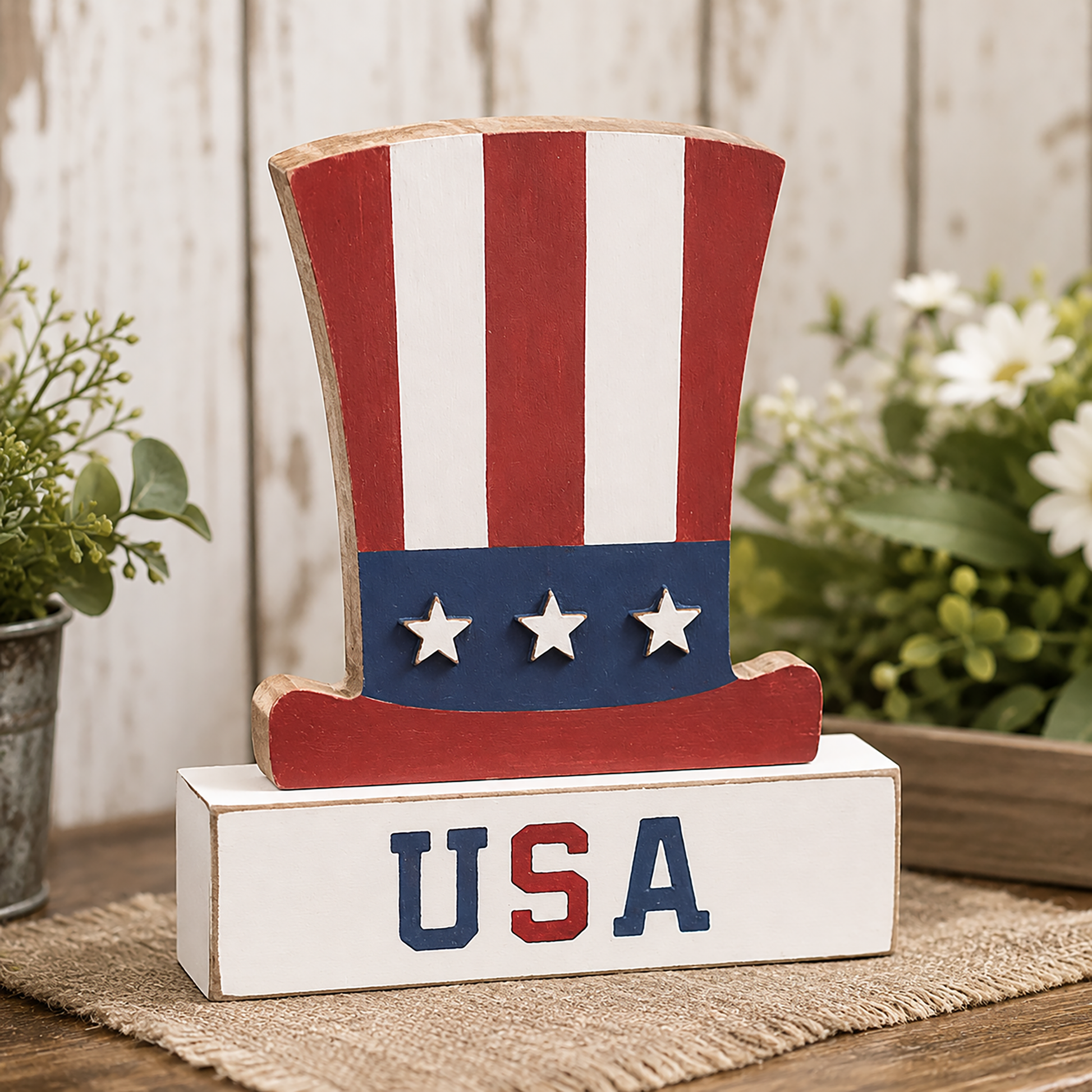 Wooden USA Uncle Sam hat block decor for patriotic farmhouse decorating, Americana shelf displays, Fourth of July tiered trays, rustic summer tabletop styling, and country home decor