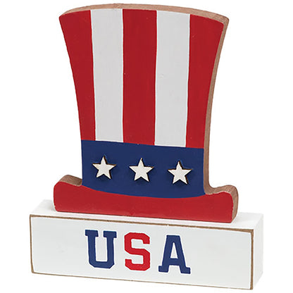 Patriotic wooden Uncle Sam hat sitter with red white and blue Americana decor styling for farmhouse shelves, Memorial Day displays, summer mantel decor, and rustic tabletop accents