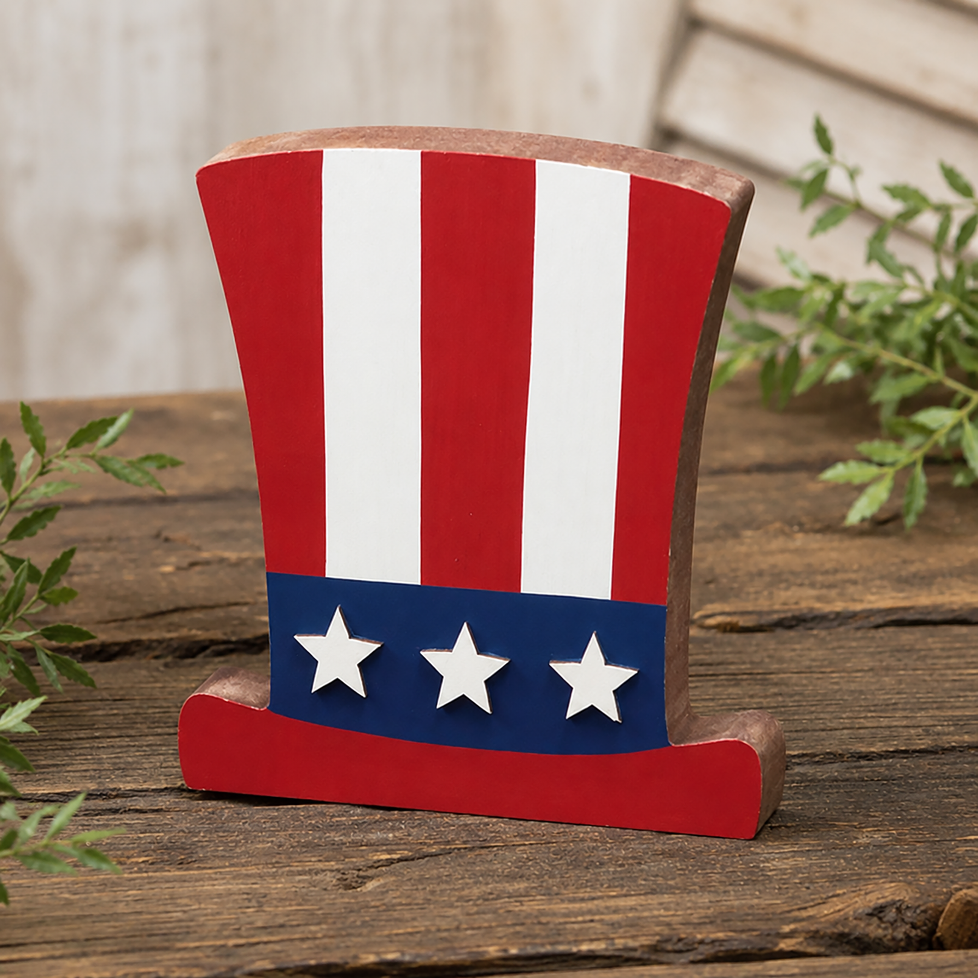 Wooden Uncle Sam hat block decor for patriotic farmhouse decorating, Americana shelf displays, Fourth of July tabletop styling, rustic tiered tray decor, and country home accents
