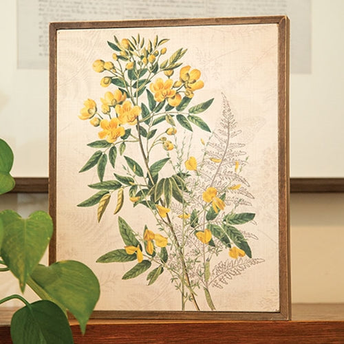 Framed wood box sign with vintage-style yellow anemones and ferns on cream background
