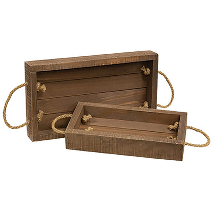 Medium brown wooden slat trays with rope handles for rustic farmhouse kitchen and tabletop decor