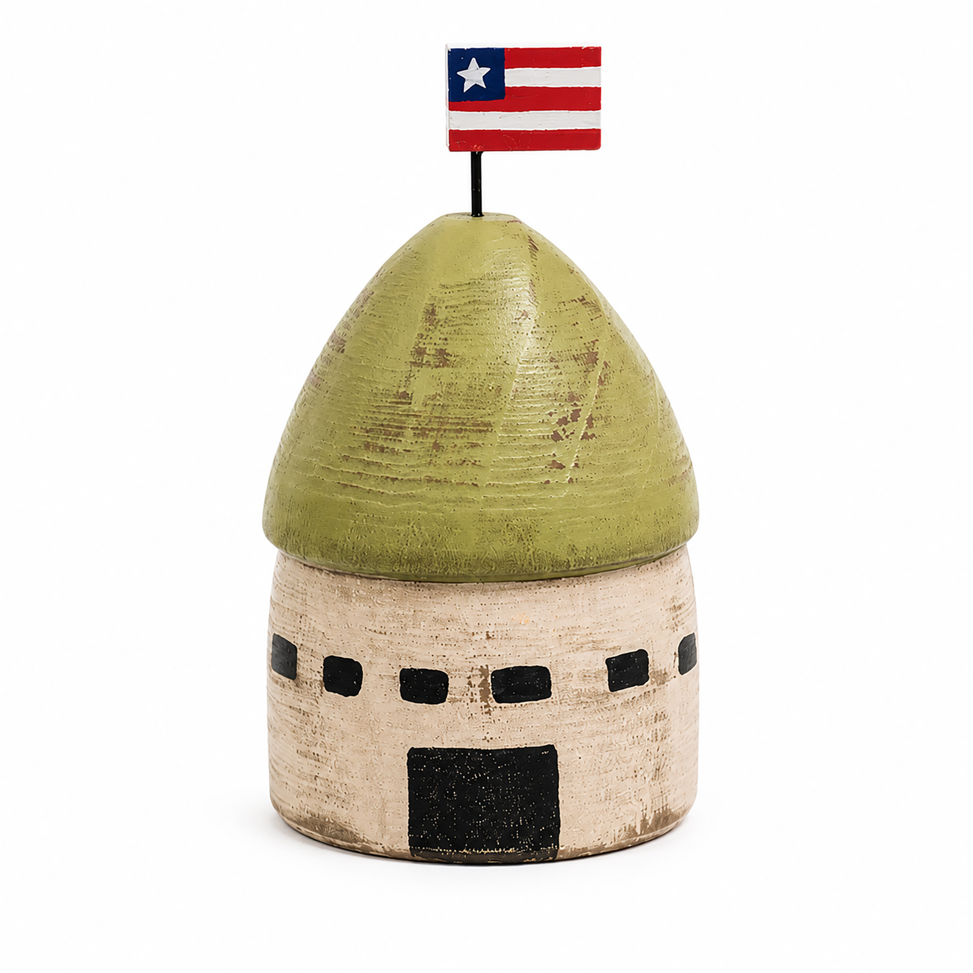 Rustic carved wood silo decoration with weathered painted finish, Americana farmhouse design, and freestanding tabletop display