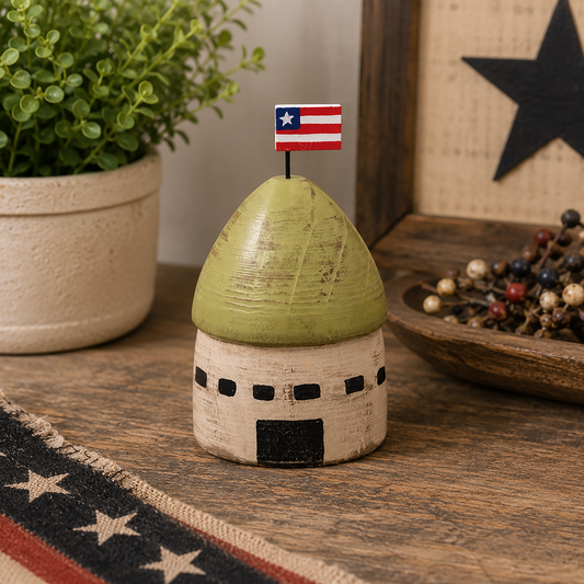 Distressed Americana wooden silo figure with green roof detail, patriotic flag topper, and rustic farmhouse country styling
