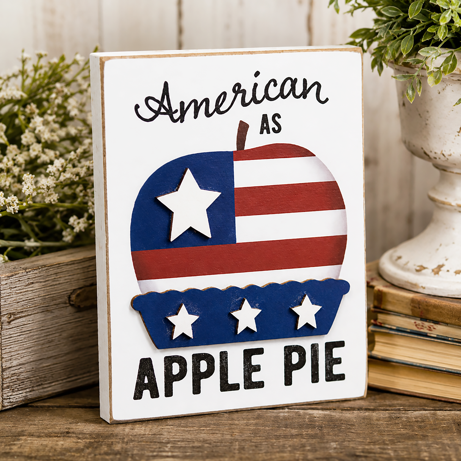 American as apple pie wooden block sign with patriotic farmhouse Americana tabletop decor styling