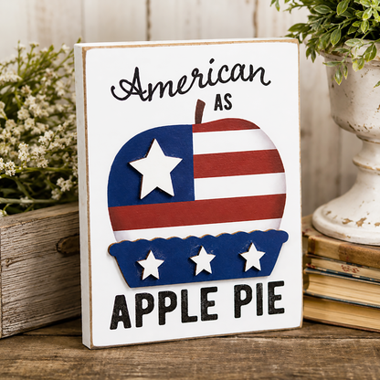 American as apple pie wooden block sign with patriotic farmhouse Americana tabletop decor styling