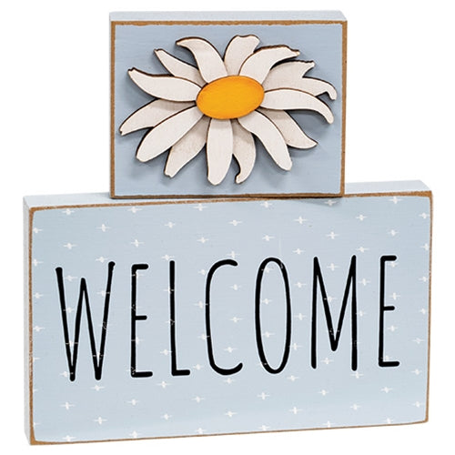 Rustic wooden blocks with welcome text and daisy accent