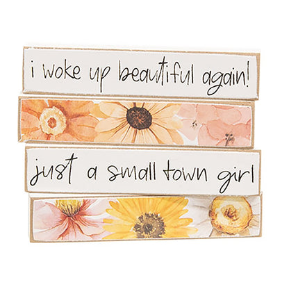 Set of 4 rustic floral and quote mini wood blocks with a distressed finish