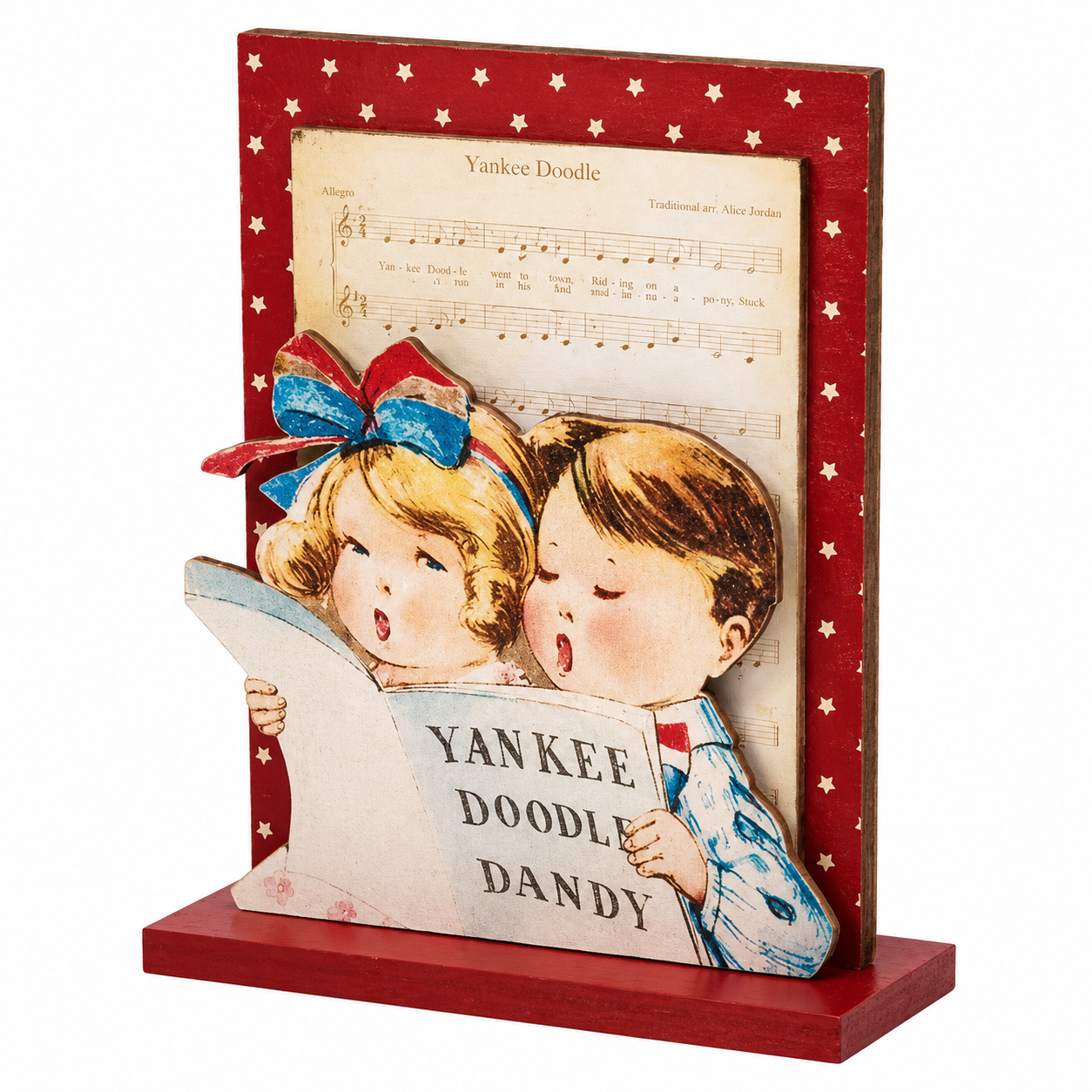 Vintage inspired patriotic wooden decor figure featuring Yankee Doodle sheet music, Americana artwork, rustic patriotic charm, and farmhouse Americana decorating