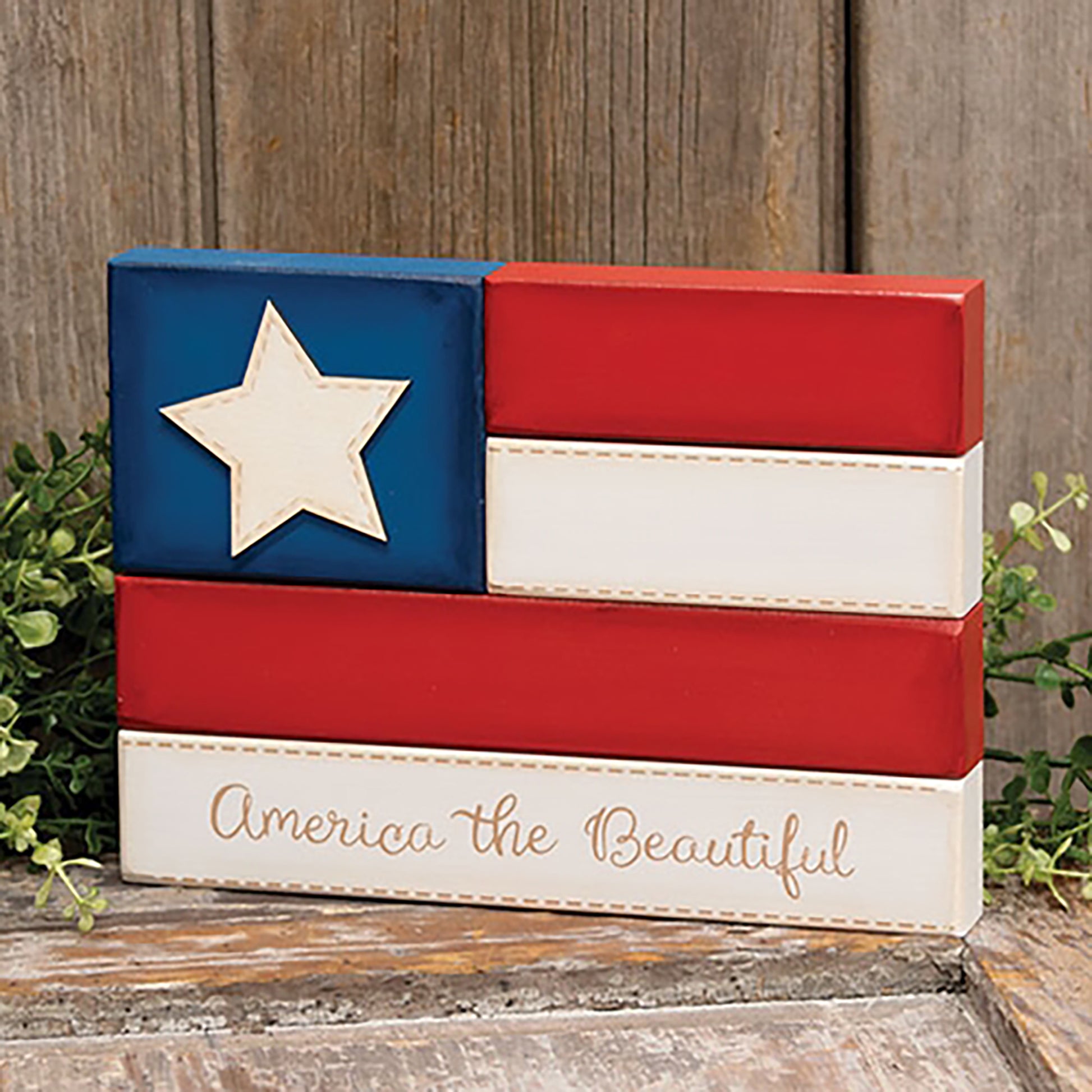 Rustic America the Beautiful wooden flag block with layered patriotic farmhouse Americana design