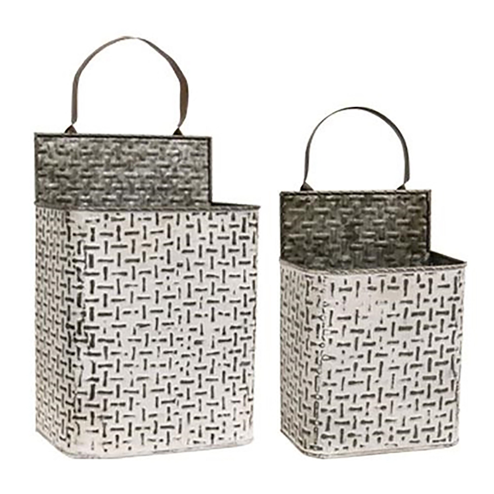 Shabby chic hanging wall buckets with embossed detail and rustic farmhouse style