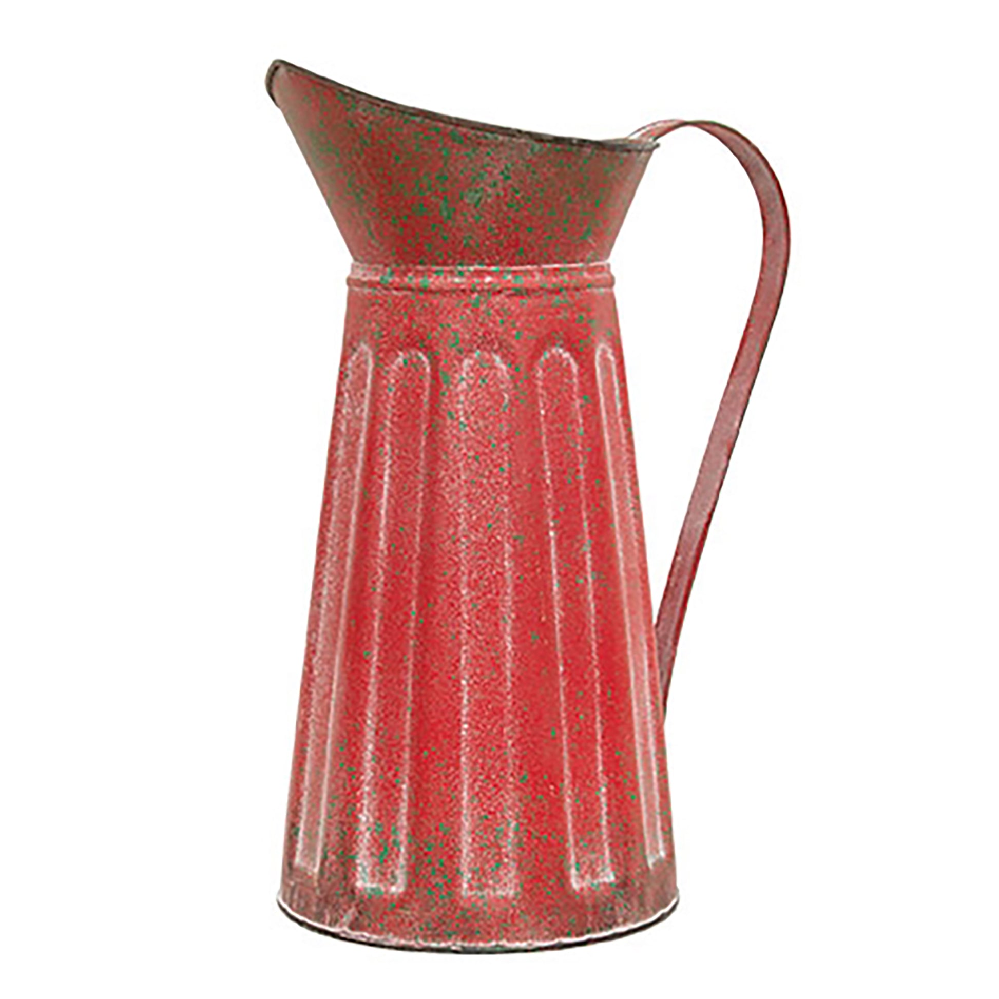Rustic red metal holiday pitcher with farmhouse Christmas design for faux greenery and seasonal displays