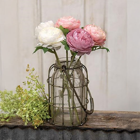 Rustic glass flower jar with metal wire cage and handle for farmhouse floral displays