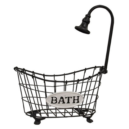 Decorative black metal bathtub-shaped storage basket with shower head and "Bath" sign