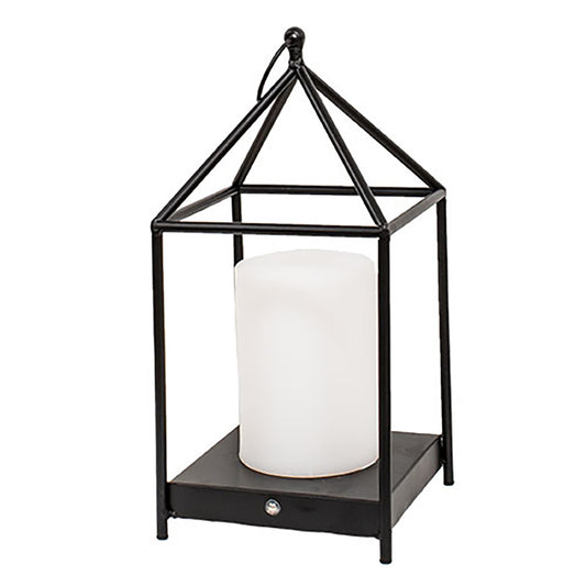 Metal tabletop lantern with ring top, touch switch, and glowing LED candle for ambient lighting