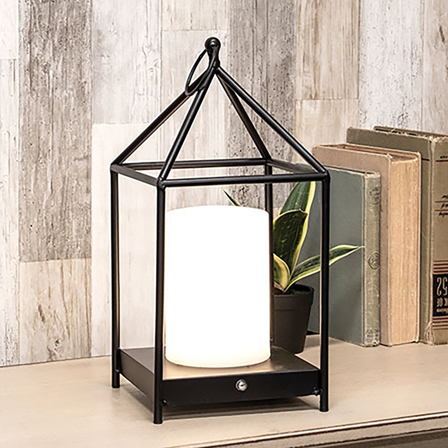 Black open-air metal lantern with LED pillar and tri-mode lighting for rustic or modern décor