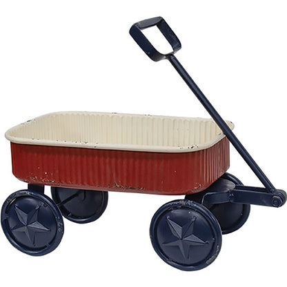 Patriotic decorative metal wagon with rolling wheels cream interior and rustic Americana country home decor accents